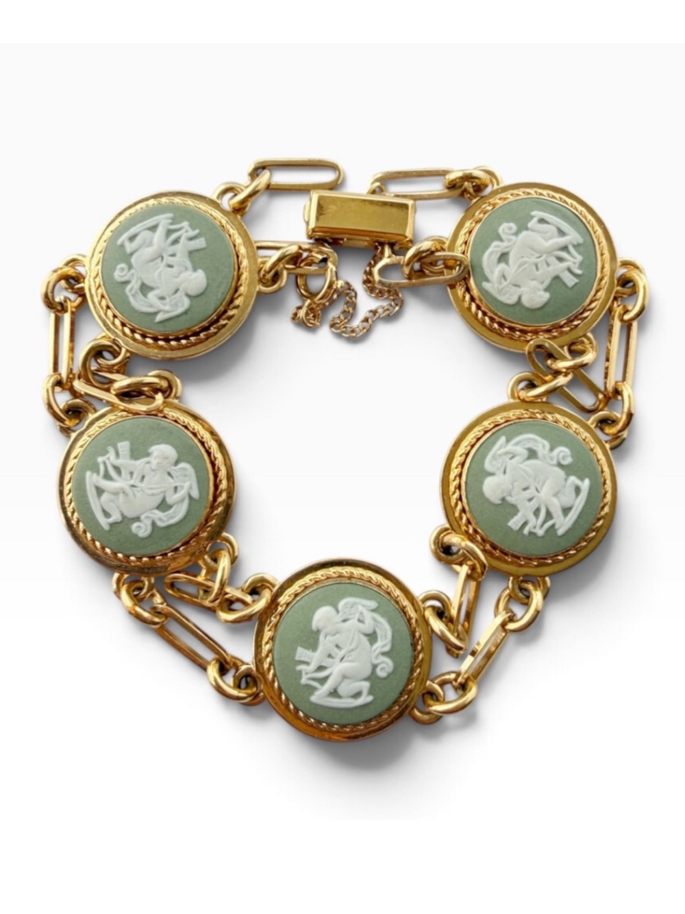 Vintage Van Dell Wedgwood Green Jasperware Cupid 12k Gold Filled Link Bracelet